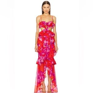Michael Costello Vibrant Red and Pink Backless Dress